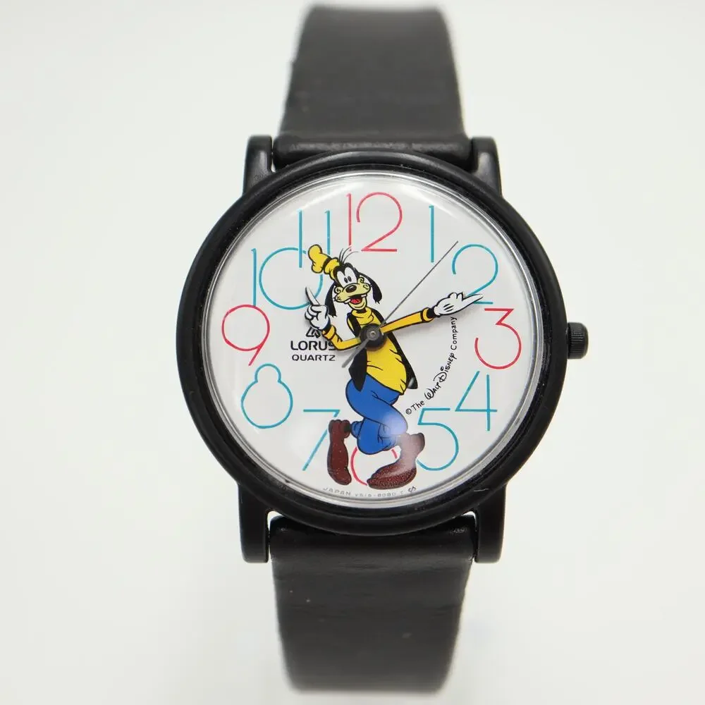 Vintage Lorus Seiko Disney Goofy 35mm Watch Black Leather V515-8030 New Battery